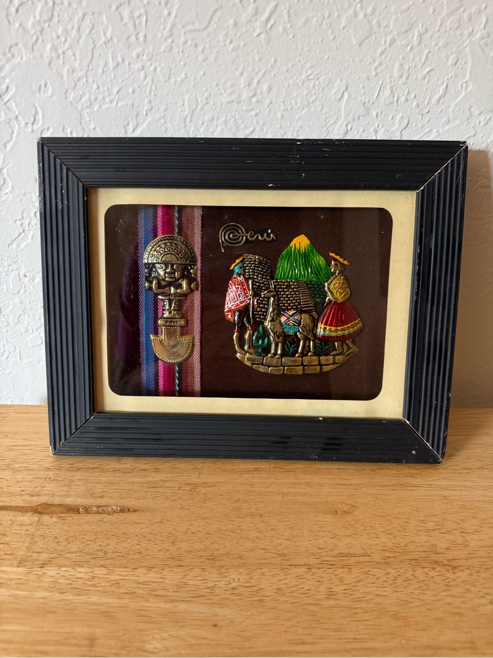 Handcrafted Peruvian Framed Wall Art in Black with Multicolor Detail, Vintage.
